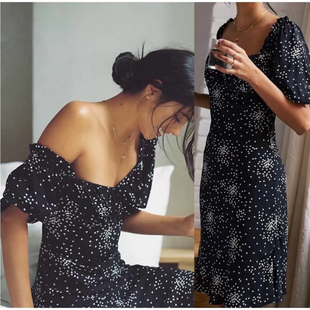 Anthropologie The Juliet Black White Hearts Puff Sleeve Midi Dress Size Large